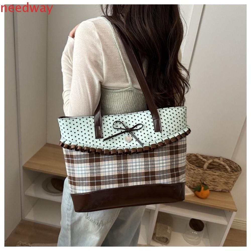 NEEDWAYB Bolsa De Retalhos , Sacola Xadrez De Renda De Grande Capacidade Com Laço , Ombro De Bolinhas Verde Menta