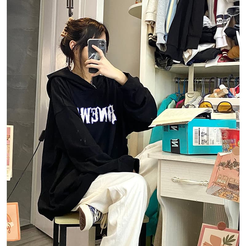 Preto com capuz oversize moletom forro de lã feminino outono inverno engrossado nicho Design solto bf estilo preguiçoso