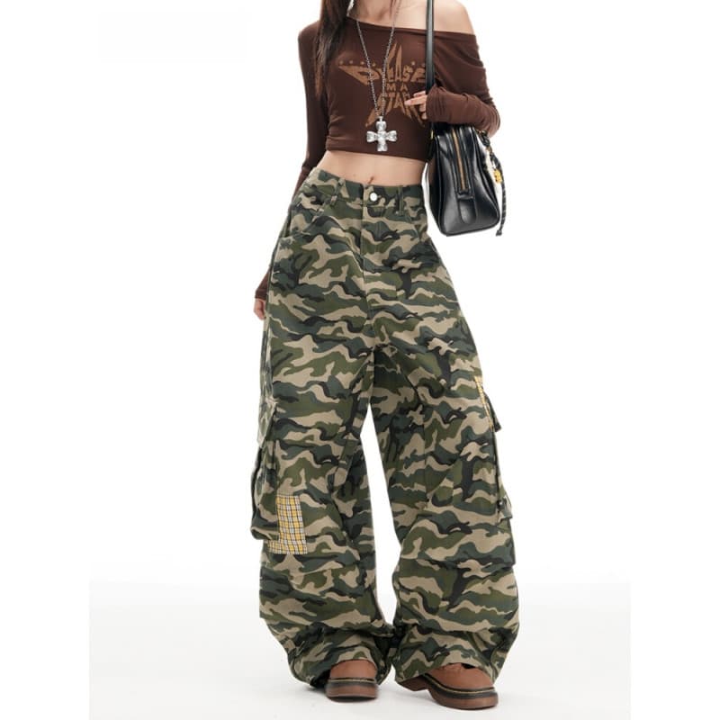 Fongwiet American Retro Reta Perna Larga Camuflagem Macacão Masculino/Mulher Calça Camuflada