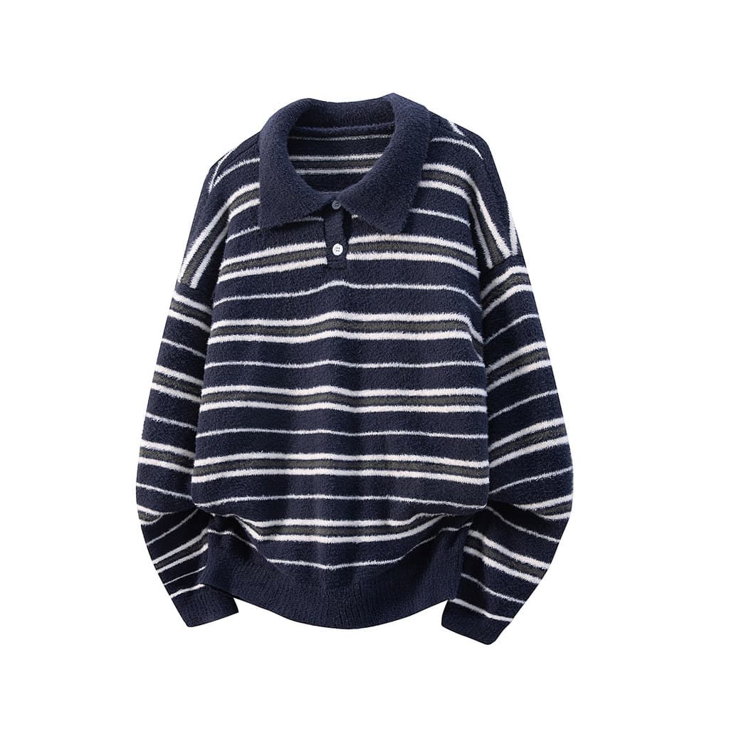Pesado velho dinheiro estilo listrado contraste cor polo gola camisola das mulheres dos homens outono inverno Retro Casu