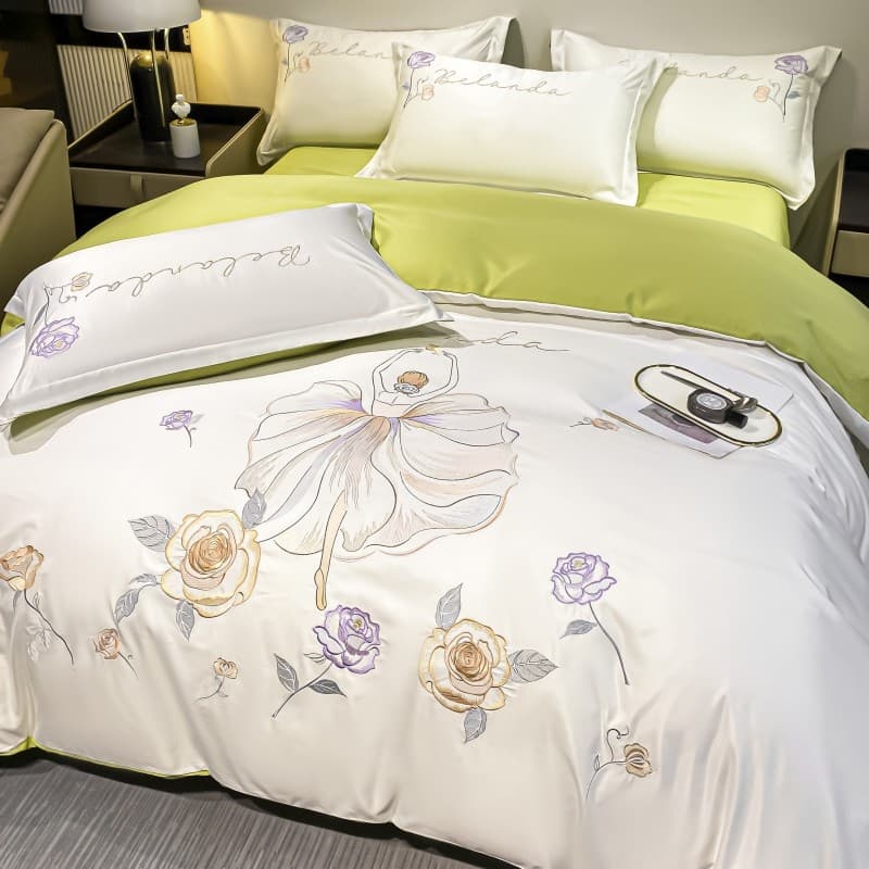 Conjunto de quatro peças de seda gelo estilo luxo leve primavera verão cama hotel máquina lavável bordado colcha capa le