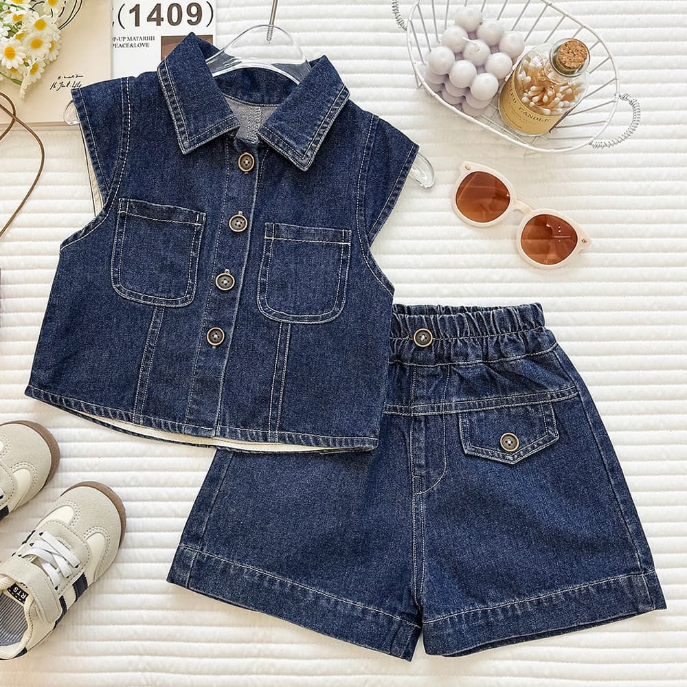 Meninas denim colete Shorts de duas peças verão versão coreana moda colete denim terno na moda