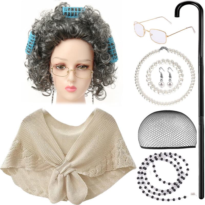 Peruca de Halloween vovô vovô masculino feminino terno misto cos meia-idade idosos conjunto de bola de cabelo encaracola