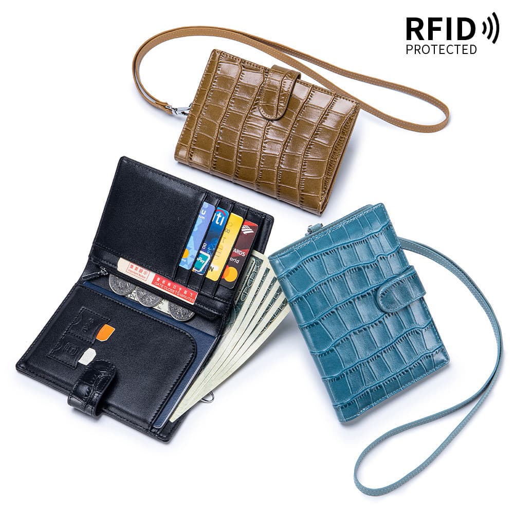 Couro genuíno genuíno padrão de crocodilo Halter pescoço saco de passaporte viagem portátil Multi-camada titular do bilh