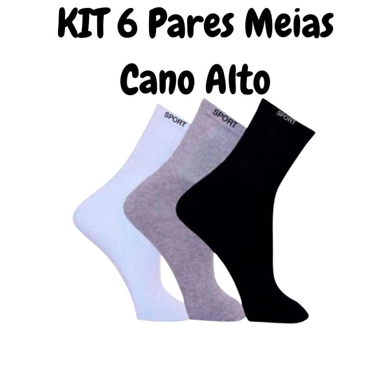 Kit 6 Pares Meia Cano Alto Colorido Masculina Feminina Sport Academia Algodão