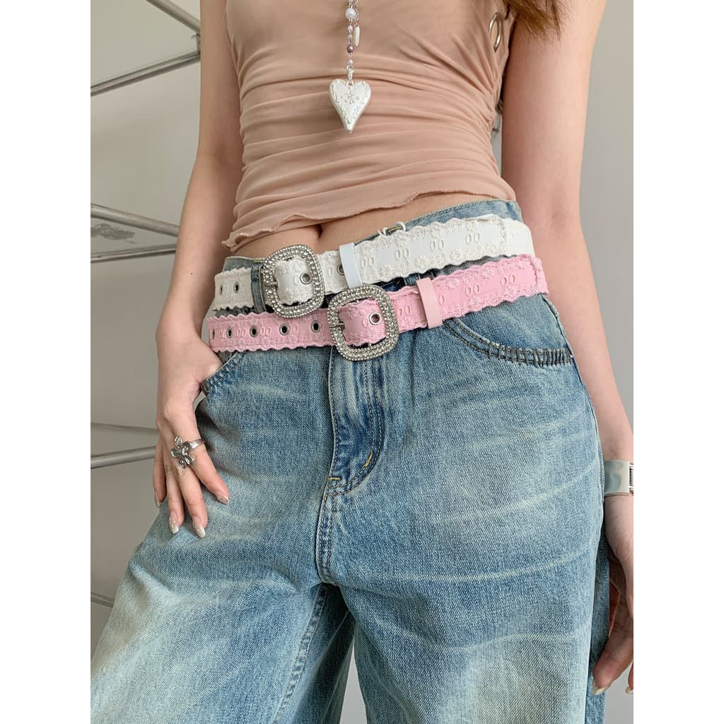cinto feminino cinto feminino largo Estilo coreano ins doce renda costura cinto feminino nicho strass fivela quadrada ca