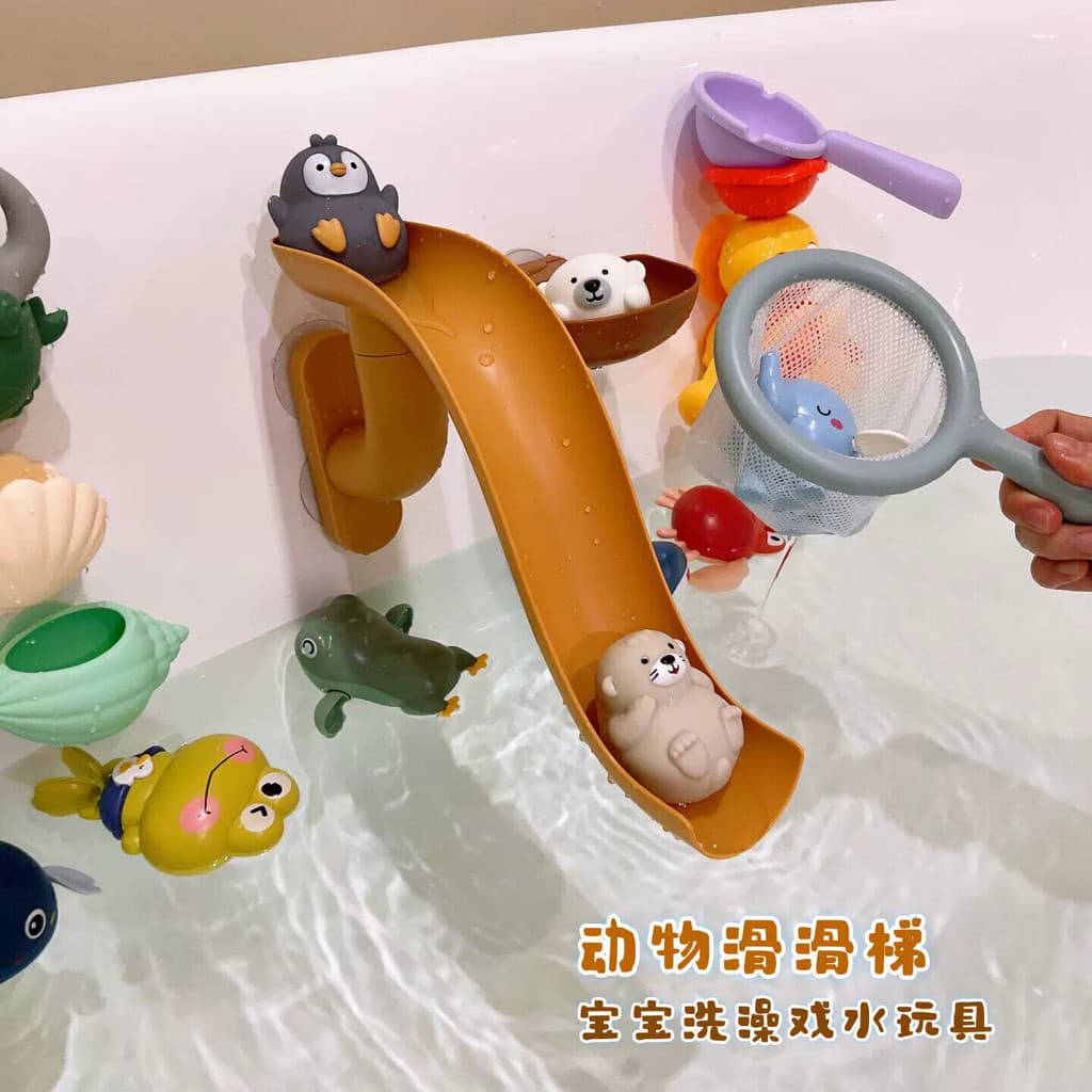 Crianças banheiro banho água brinquedos pequeno Animal Slide Net pesca lontra tiro selado flutuante interação pai-filho