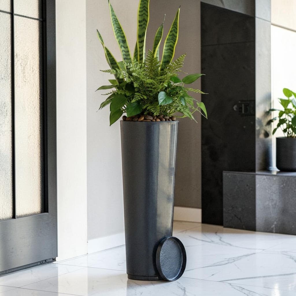 Vaso de Planta Decorativo Alta Grande 72x26 Coluna Ibiza Slim Marmorizado Liso Polido com Prato