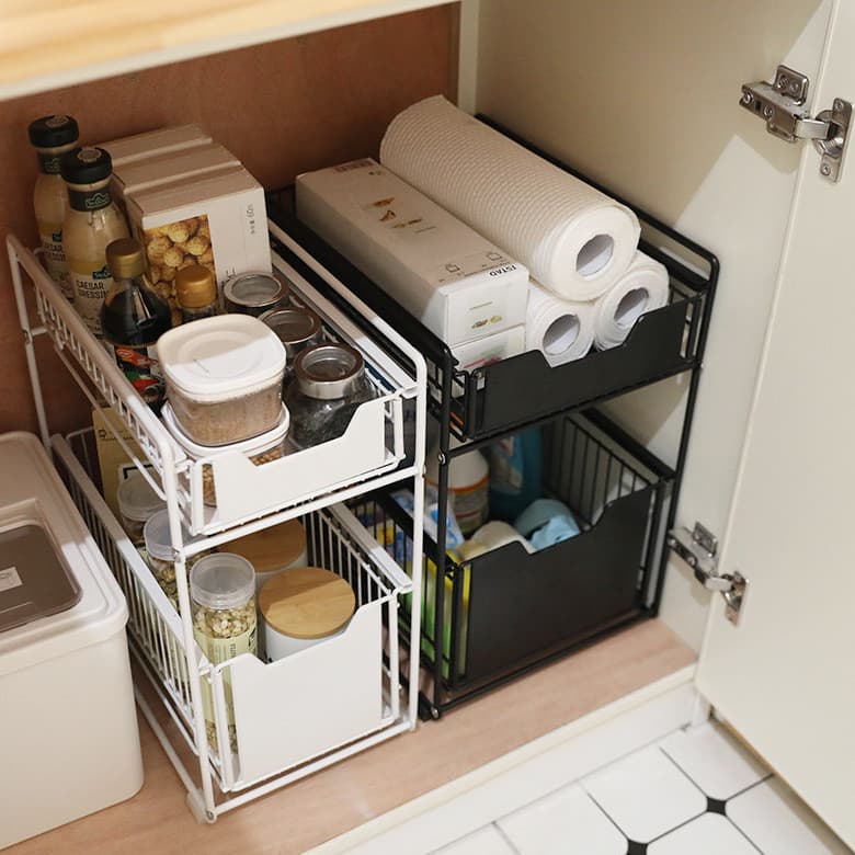 [Novo produto] prateleira para pia de cozinha, armário interno, camada dupla, prateleira deslizante em camadas, pulável