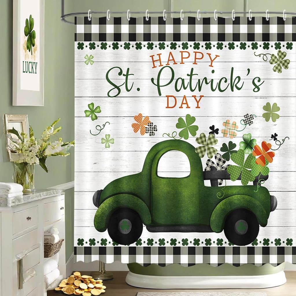 Cortina de Chuveiro MEHOFOND para o Dia de São Patrício com 12 Ganchos, Shamrock no Caminhão, Folhas de Trevo em Fundo C