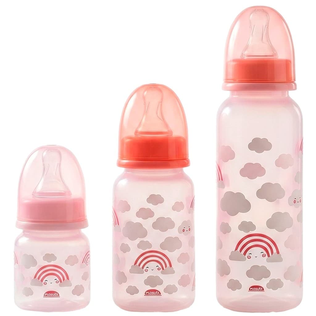 Kit 3 Mamadeiras Arco-Íris Rosa Anticólica Bico Silicone Macio Antivazamento 40ml 150ml 250ml