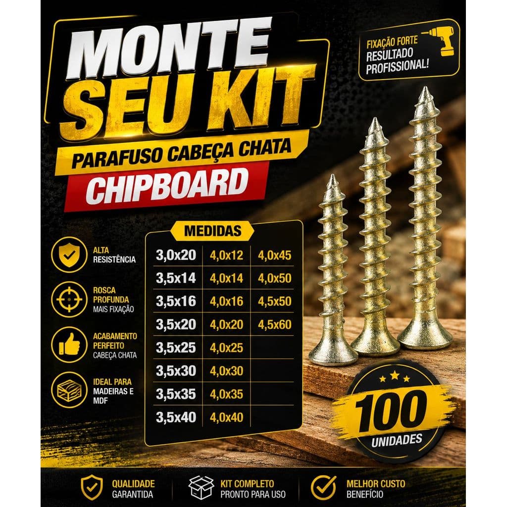 Parafuso Chipboard Phillips para MDF Monte Seu Kit com 100 Un - Vários Tamanhos Disponíveis