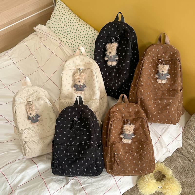 Mochila Feminina Bonita com Pingente, Mochila Escolar de Corduroy para Meninas, Mochilas de Viagem de Grande Capacidade