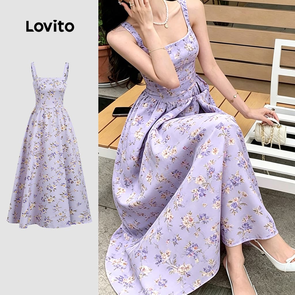 Lovito Padrão de Vestido Casual Textura Estilo Resort Vestido Roxo de Primavera/verão para mulheres LK6AD107