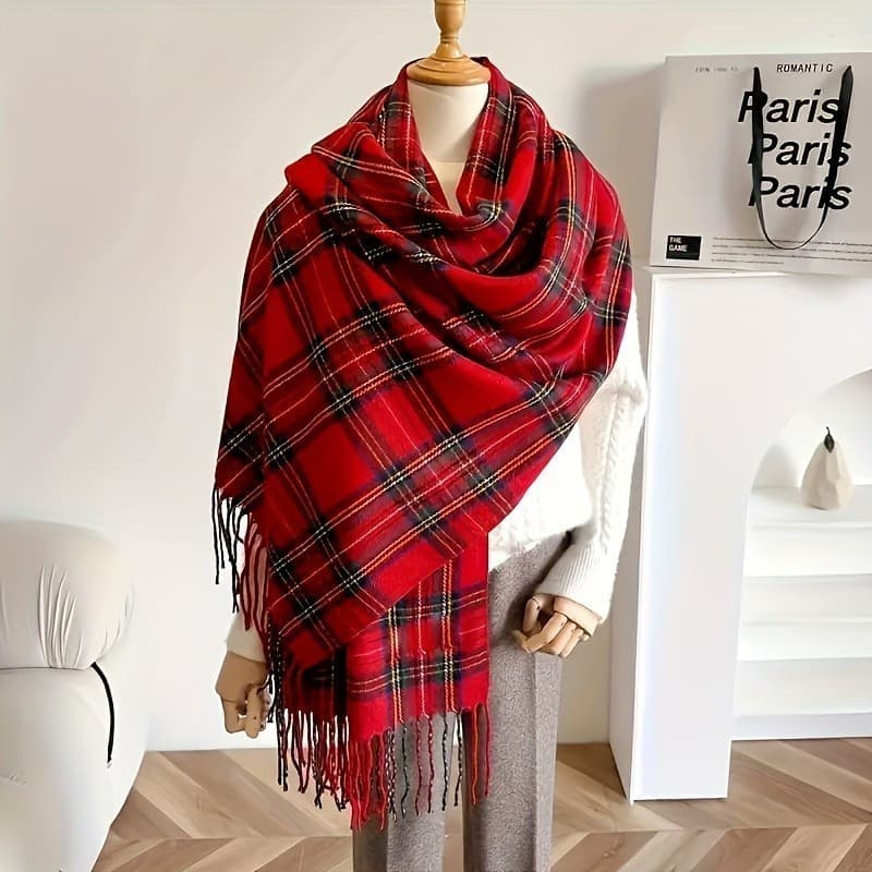 Cachecol xadrez elegante para senhoras em vermelho e verde vintage - Xale aconchegante e quente para o inverno e Natal,