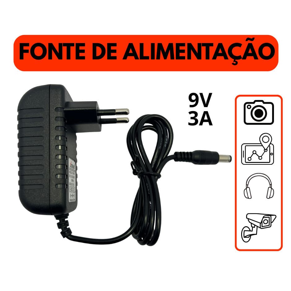 Fonte Alimentação Bivolt 9V 3A Plug P4 - Carregamento Dispositivos Fonte para Camera, Gps, Fones