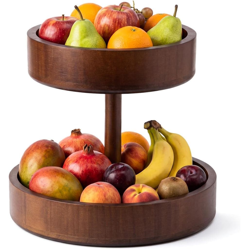 LemonRoad Tigela De Frutas Redonda De Madeira De 2 Camadas Cesta Pão Suporte Removível Para Vegetais Organizador Balcão
