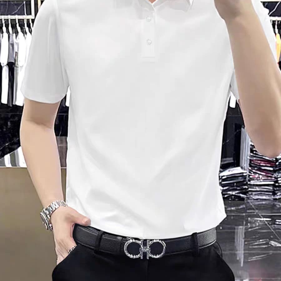 Camisa POLO masculina verão novo estilo de seda gelo lapela manga curta Slim-Fit cor sólida Casual estiramento respiráve