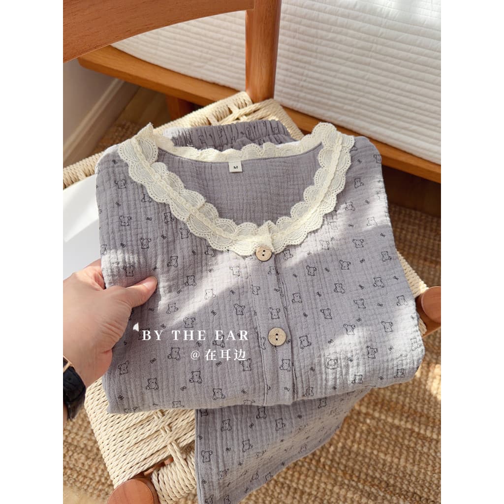Urso cinza ins puro algodão gaze pijamas primavera outono novo estilo dupla gaze Loungewear calças de manga longa terno