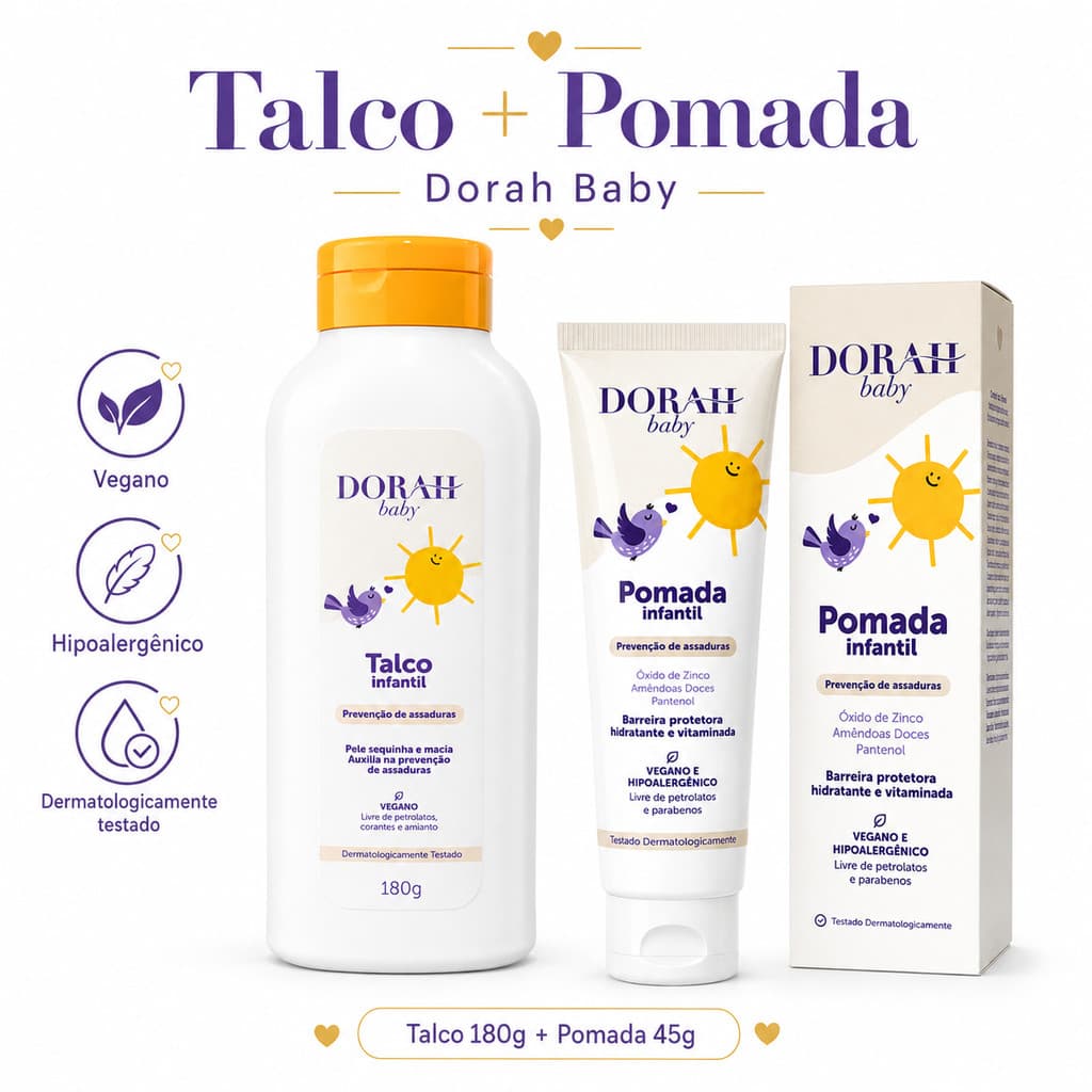 Kit Talco 180g + Pomada Assaduras Dorah Baby 45g Vegano Hipoalergênico