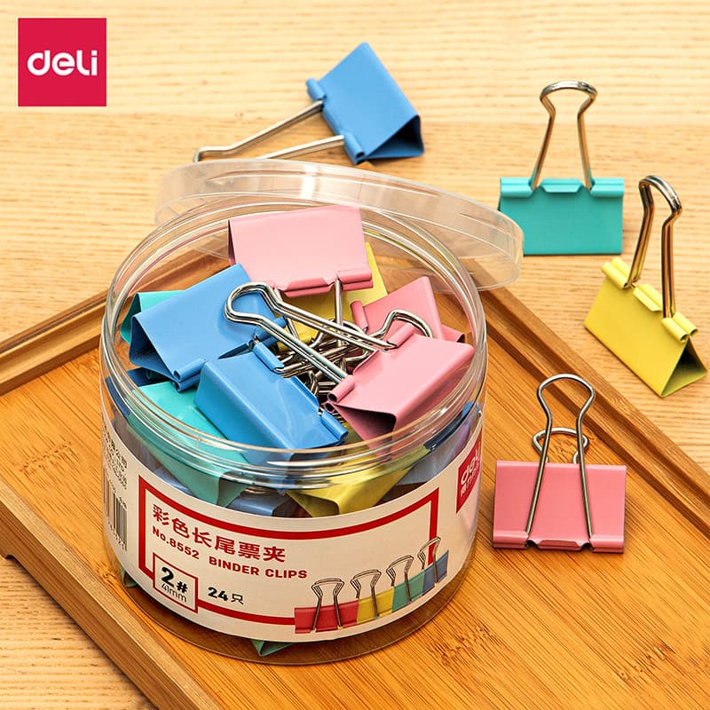 Deli 8552-2#彩色长尾票夹41mm((Embalagem de tubo) (misto) (24 unidades/tubo)