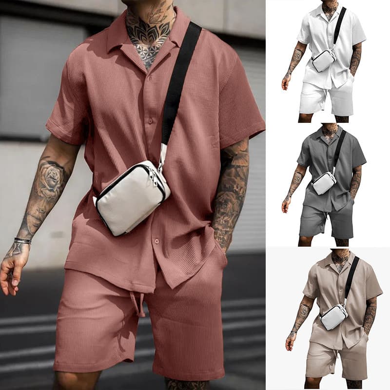 2025 verão europeu americano masculino novo estilo Casual confortável lapela camisa de manga curta Shorts terno na moda