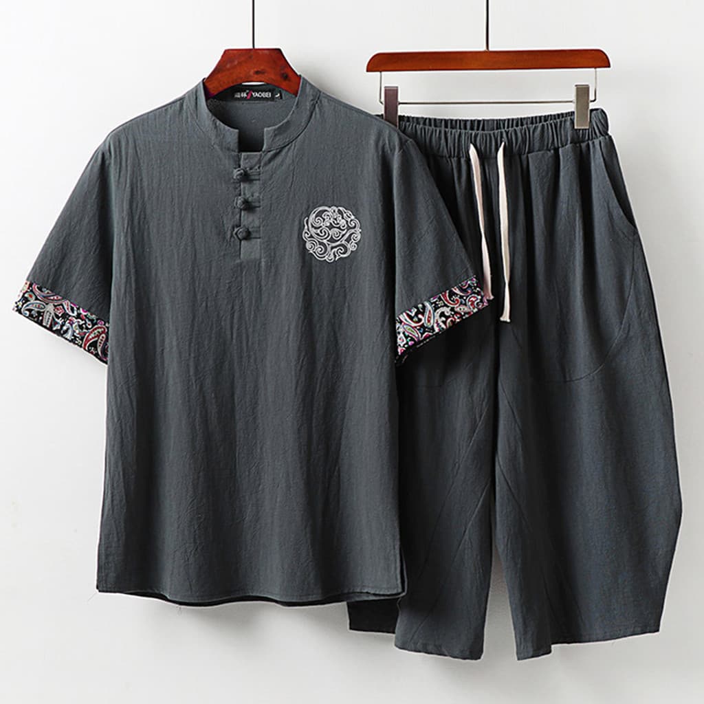 Terno de linho de algodão masculino verão topos de manga curta Bottoms Shorts pai Tang terno de meia-idade idosos linho