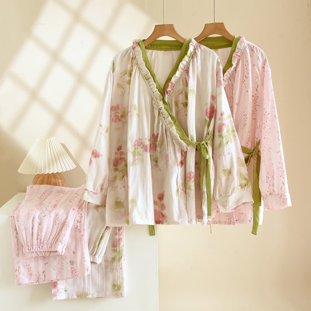 Pijama quimono feminino primavera outono estilo puro algodão Diagonal gaze dupla dormitório doméstico roupas de sala de