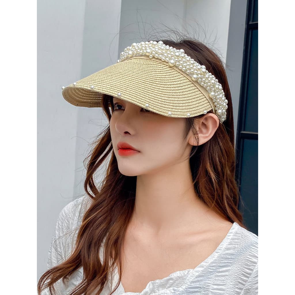 Vazio topo chapéu de sol feminino influenciador verão pérola chapéu verão Hairpin chapéu praia Topless chapéu de palha p