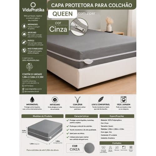 Capa Protetora Colchao Queen Ziper Impermeavel Antialergica Cinza