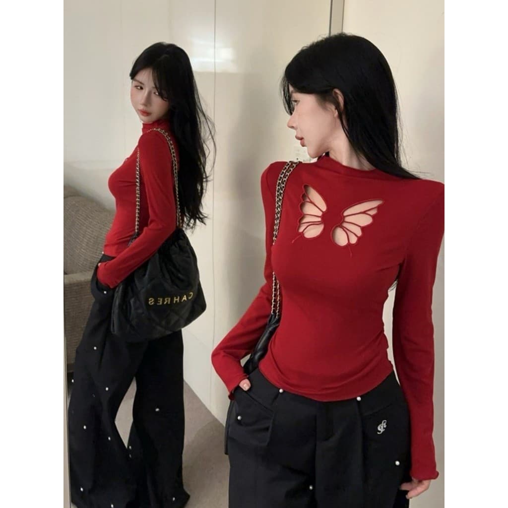 Borboleta vermelha oco meia gola alta manga comprida camiseta feminina outono inverno novo estilo interior fino ajuste m