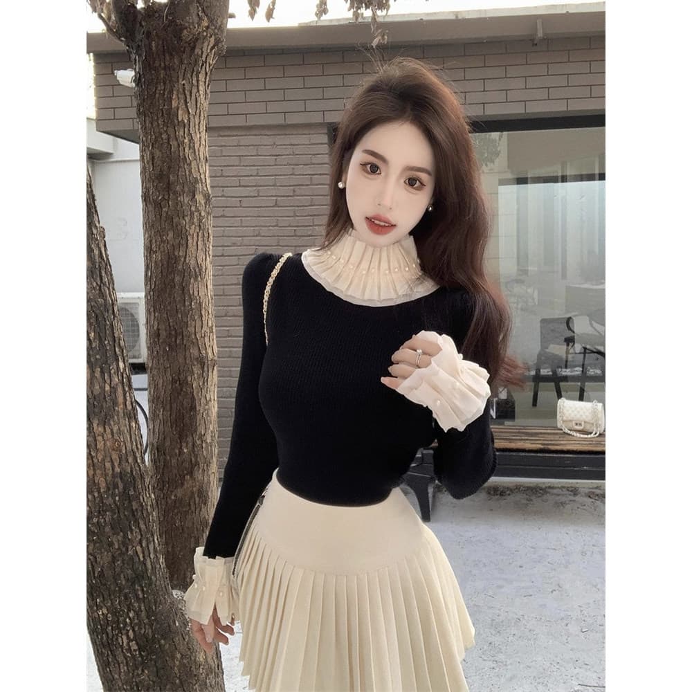 Xiaoxiang estilo palácio Puff manga camisola feminina outono inverno meia gola alta camisa de fundo interior puro desejo
