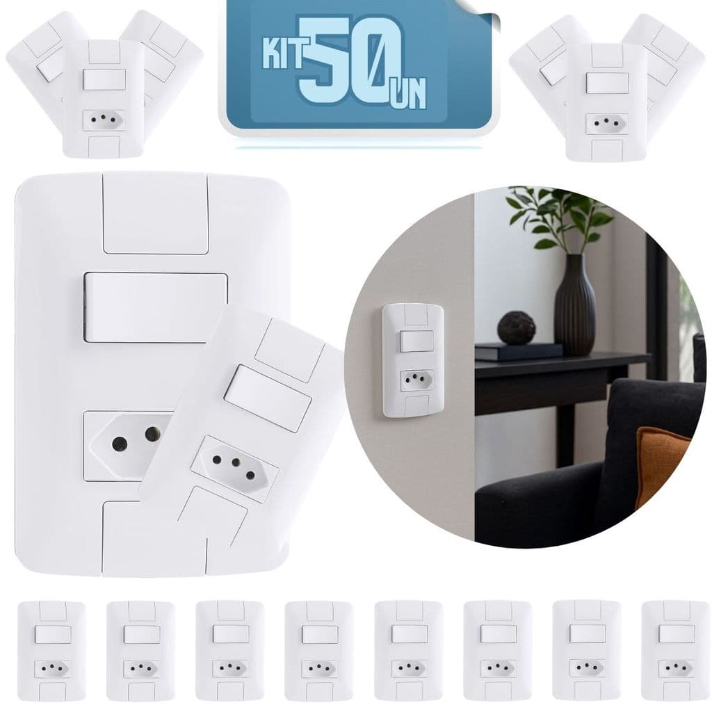 Kit com 50 Conjuntos 4x2 com 1 Interruptor Simples 6 A 250 V e 1 Tomada 2P+T 10 A 250 V Tramontina Aria Branco