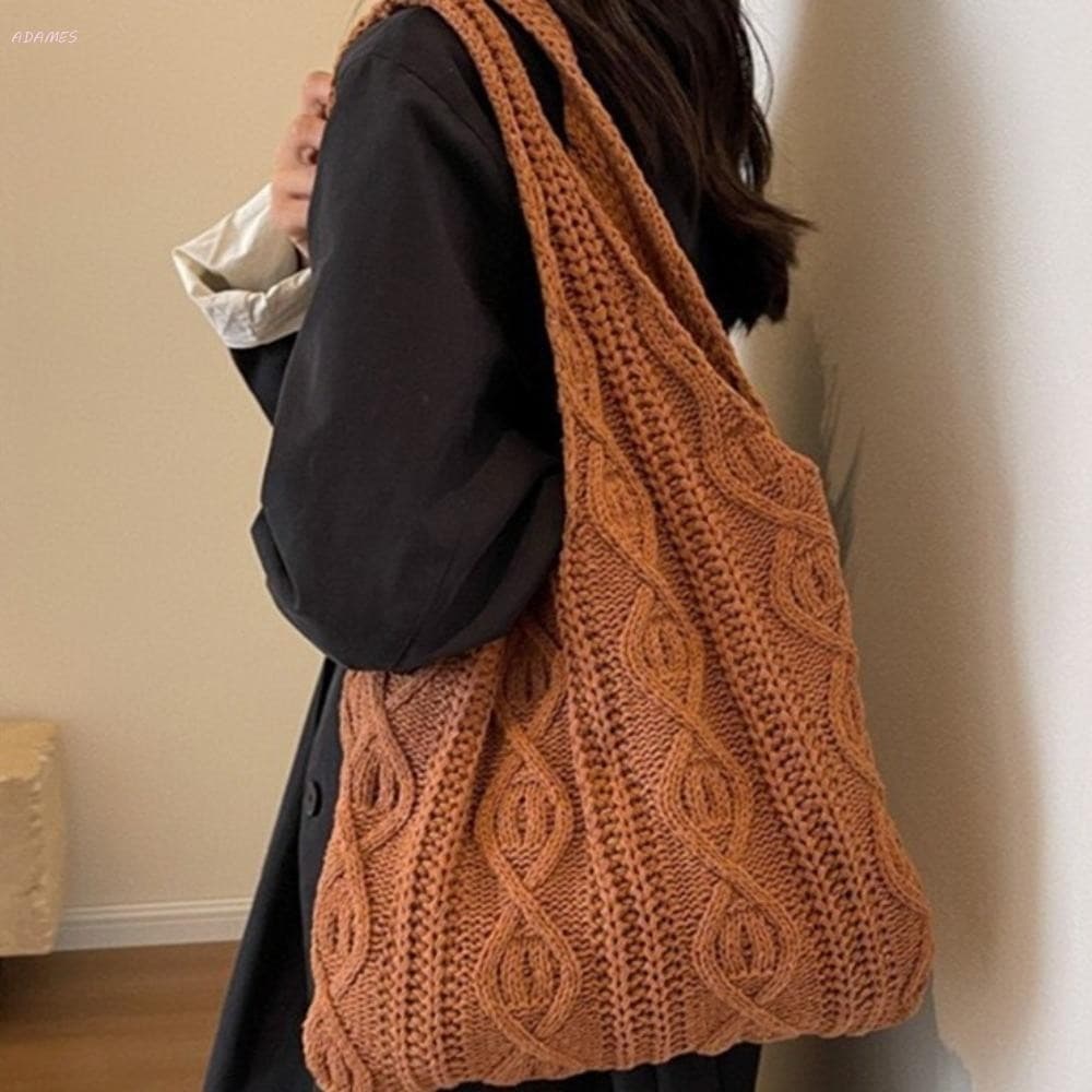 Bolsa de Ombro de Lã Tricotada ADAMES, Bolsa de Crochê Feita à Mão de Grande Capacidade, Tecido Macio de Cor Sólida N2QM