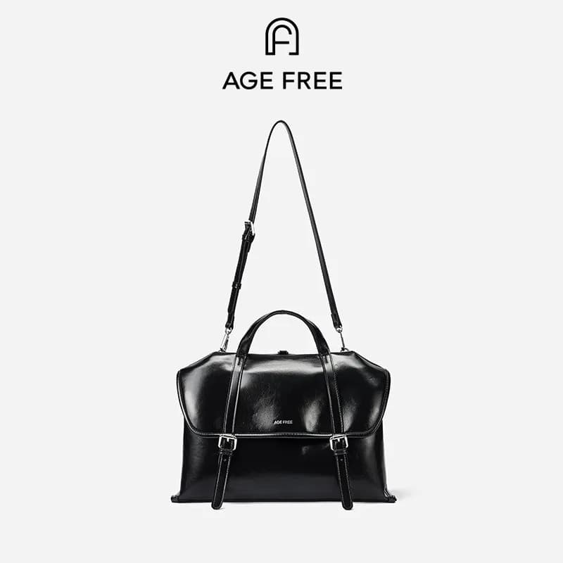 AGE FREE Bolsa em Couro Premium Preta Brilhante Alça Dupla Modelo Grande Resistente e Elegante Ideal Trabalho Escritório