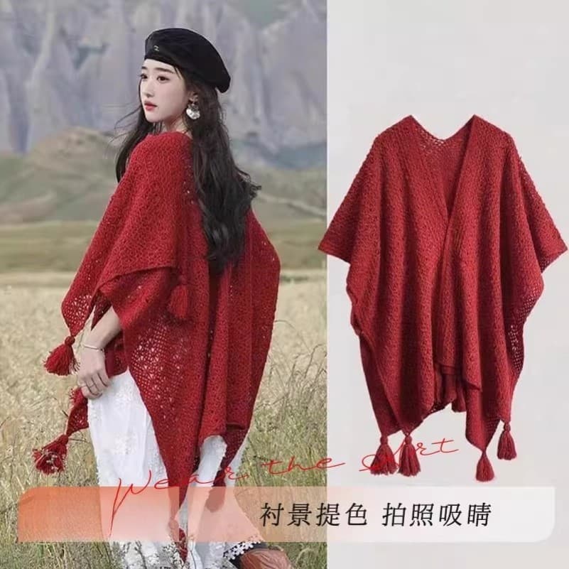 Cor sólida estilo étnico malha xale feminino estilo fino exterior wear Yunnan Lijiang viagem foto wear manto jaqueta