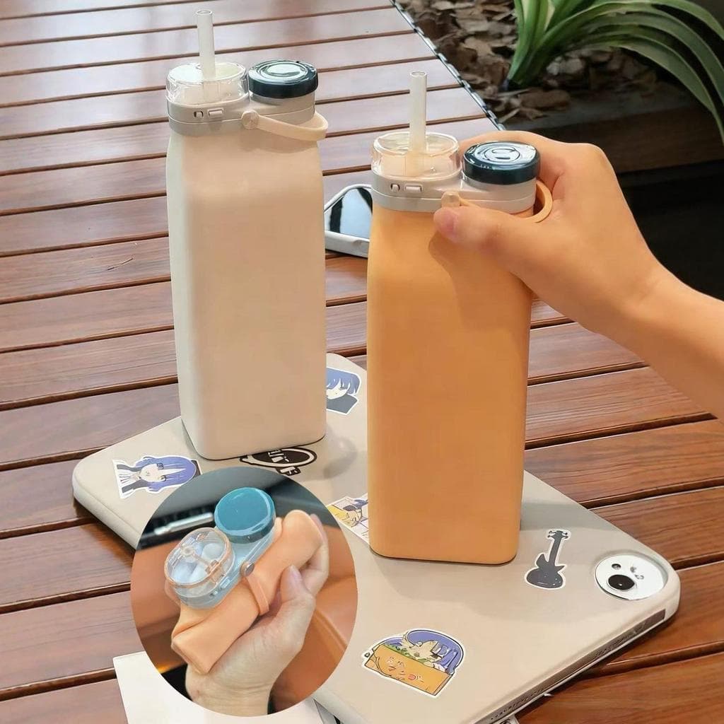 Criativo portátil dobrável copo de água Silicone à prova de vazamento com tampa de palha estudante ao ar livre copo de F