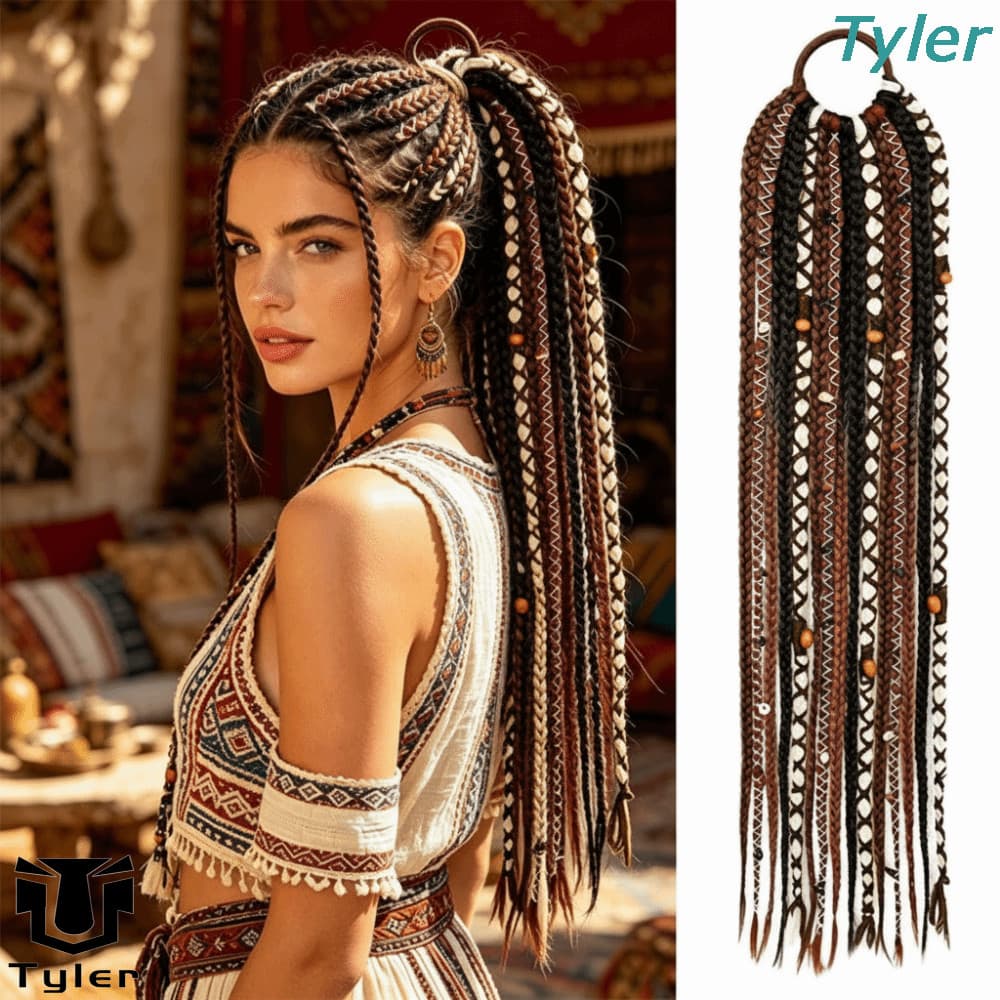 Peruca De Rabo De Cavalo Trançado Estilo Boêmio TYLER , Corda De Cabelo 15 Fios Tranças Sujas Artesanais ,