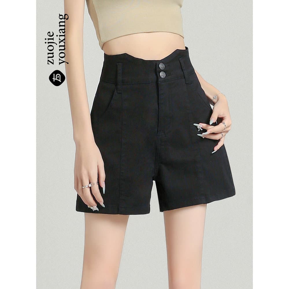 Preto Denim Shorts feminino verão cintura alta pequeno 2026 fino a linha solta mais magro olhar novo estilo calças retas