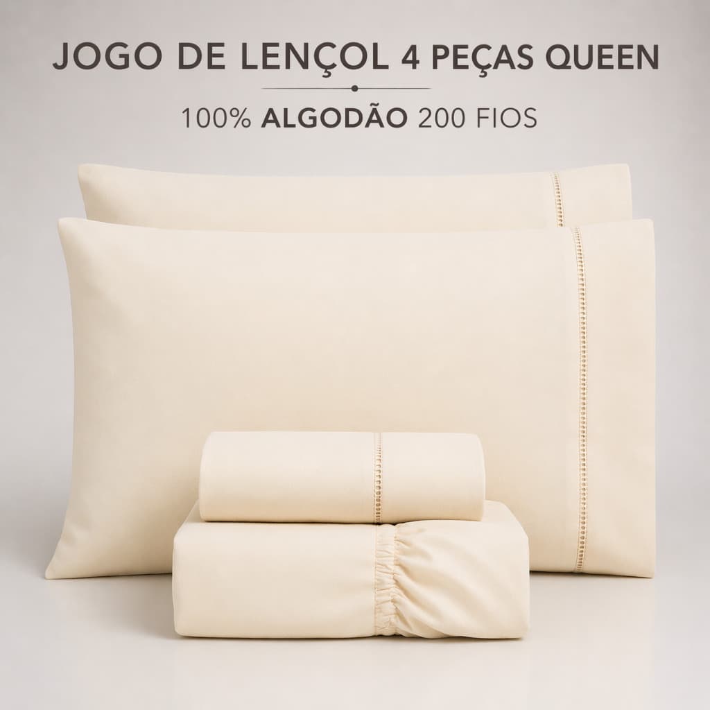 JOGO DE LENÇOL 4 PEÇAS QUEEN LISO 200 FIOS 100% ALGODÃO MACIO
