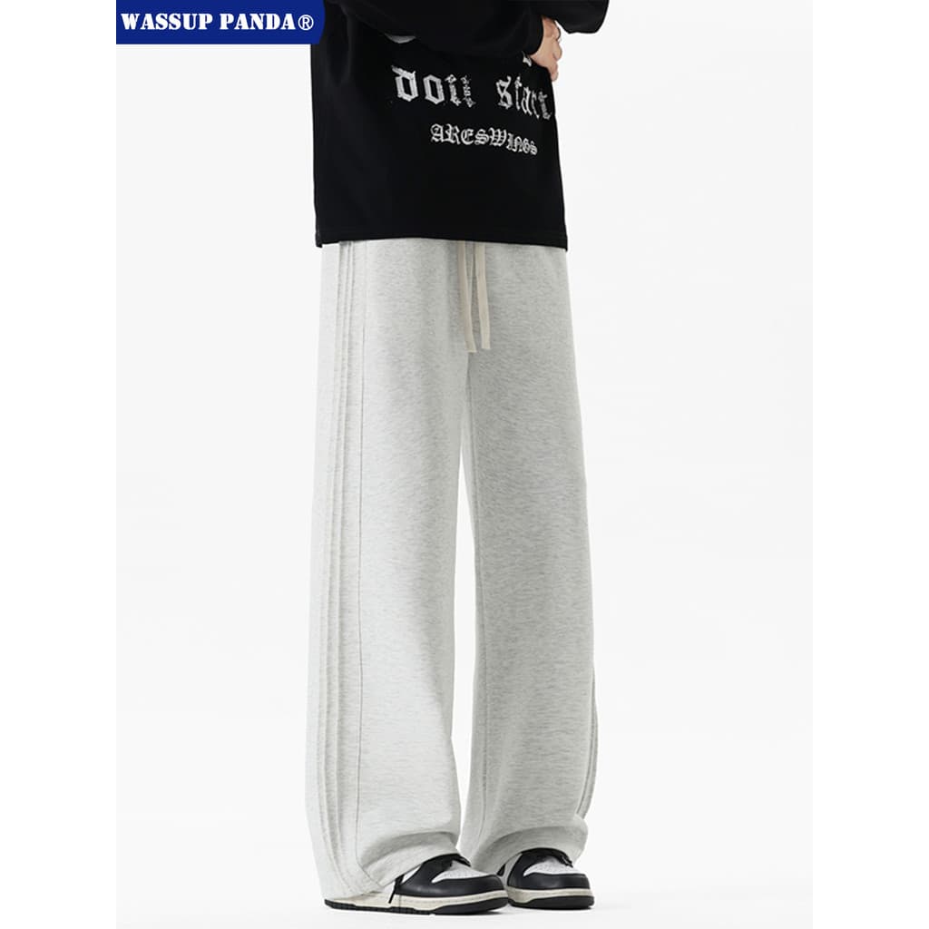 WASSUP PANDA Branco Flor Cinza Calça de moletom esportiva masculina outono solta reta All-Match Drape calças casuais de