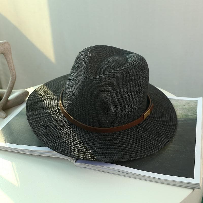 2026 novo estilo chapéu de palha preto feminino panamá chapéu superior masculino beira-mar praia protetor solar chapéu f