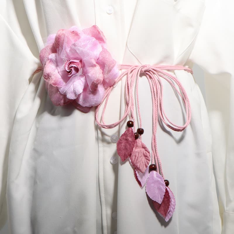 Casual All-Match Chiffon grande flor trançado senhoras cinto fino gravata corda atada rosa cintura corrente borla saia d