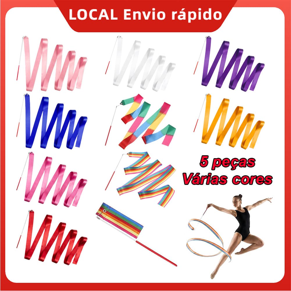 5x Fita de Ginástica Rítmica 4m com estilete – leve, seguro, cabo plástico vermelho, p/ treino diário