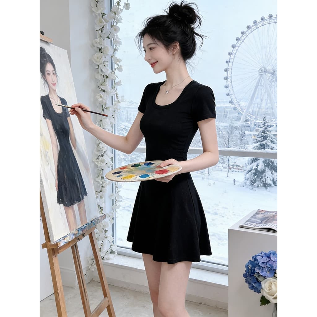 Primavera verão feminino bonito preto filigrana-cintura pequena saia com nádegas grande decote em U filha vestido linha