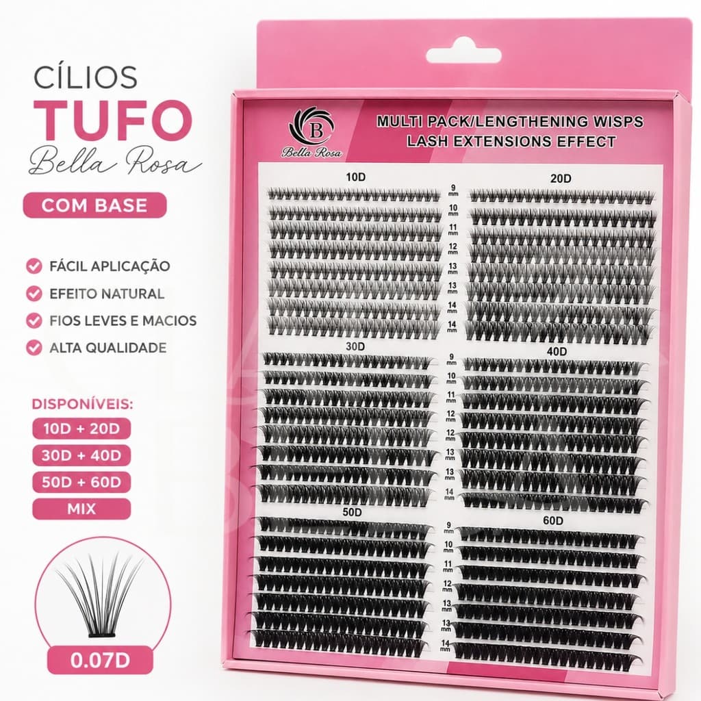 Cílios Tufo Bella Rosa MIX 10D 20D 30D 40D 50D 60D Fio 0.07D | Efeito Volume Brasileiro Extensão de Cílios