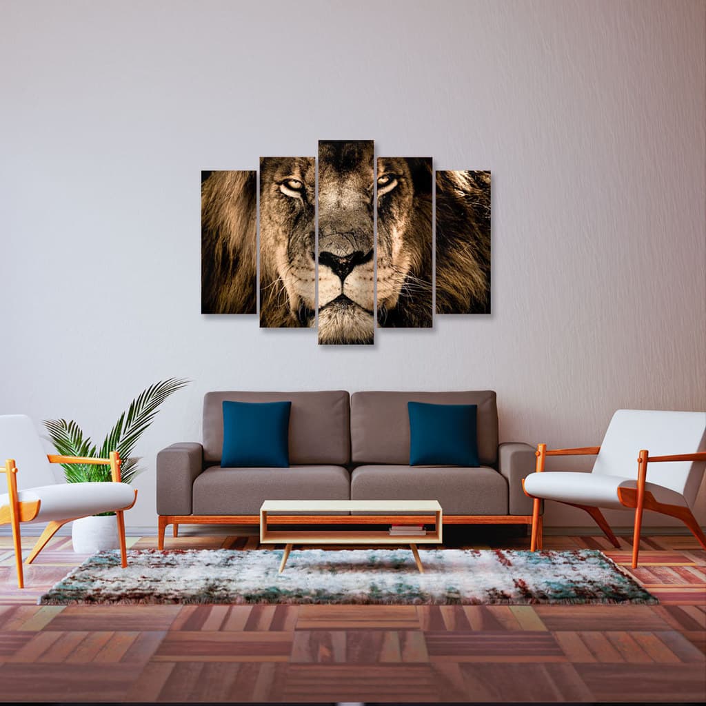Quadro Mosaico Leao 5 Pecas Mdf Adesivado Alta Resolucao