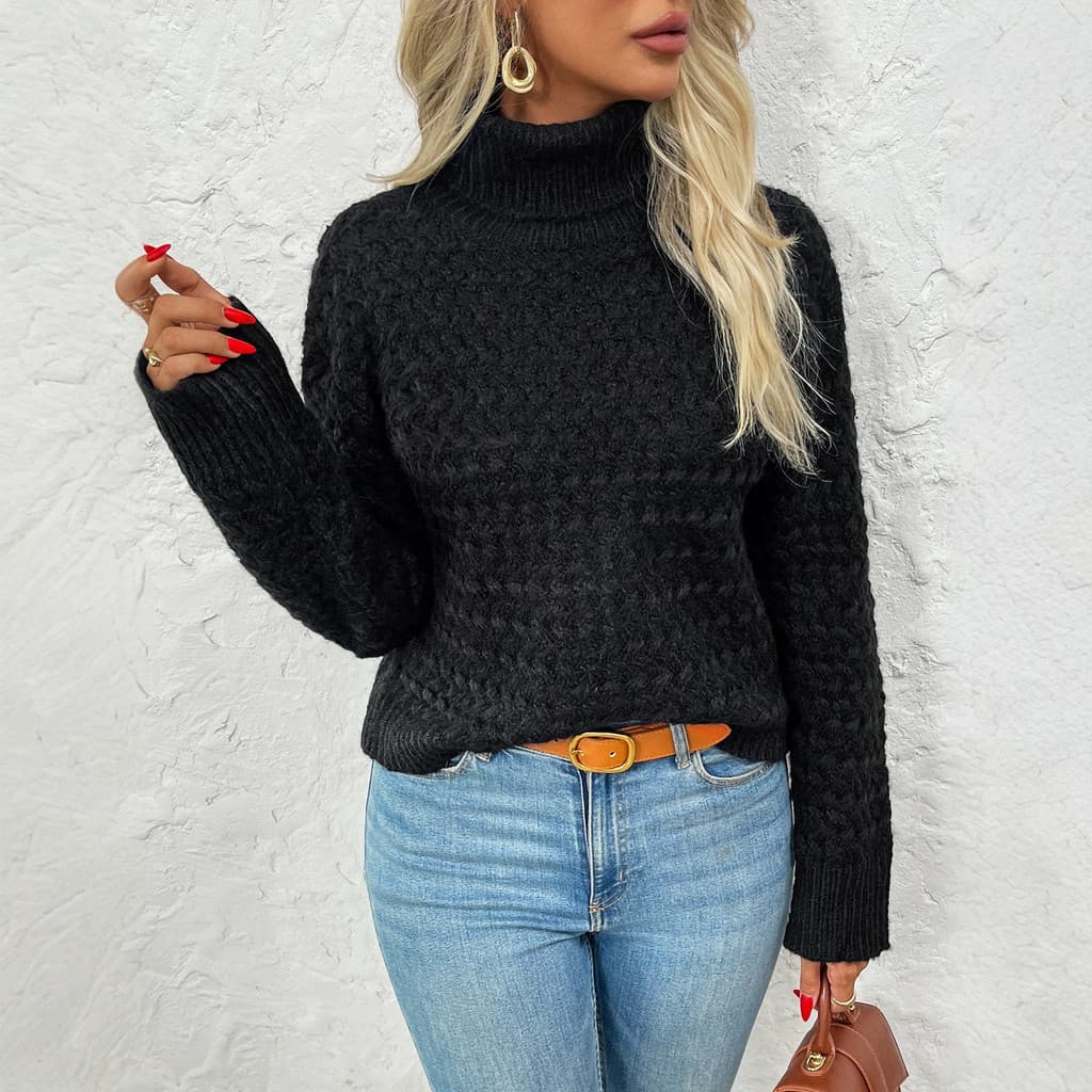 Estilo coreano estilo preguiçoso camisola de gola alta feminina macio ceroso preto malhas outono inverno All-Match Botto