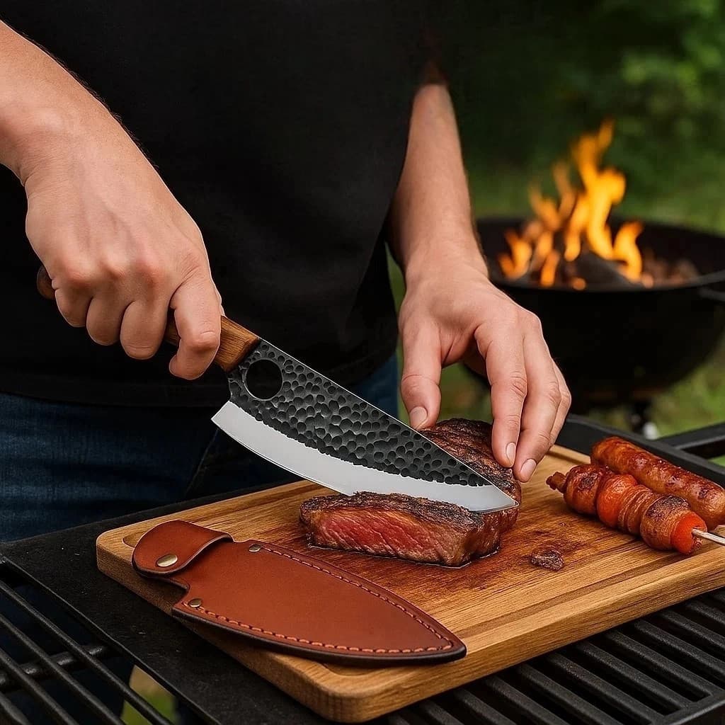 Faca Artesanal Inox Afiada com Tábua Madeira Talheres Cozinha Cortante Churrasco Bainha