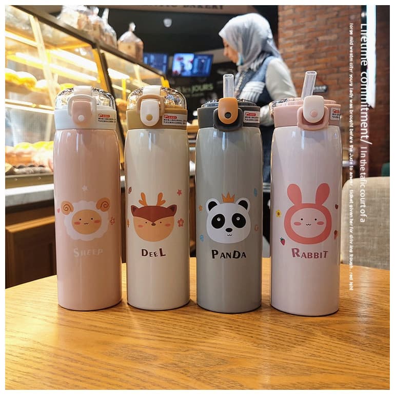 Garrafa Com Canudo Térmica Infantil Estampas Animais Aço Inox 350ml